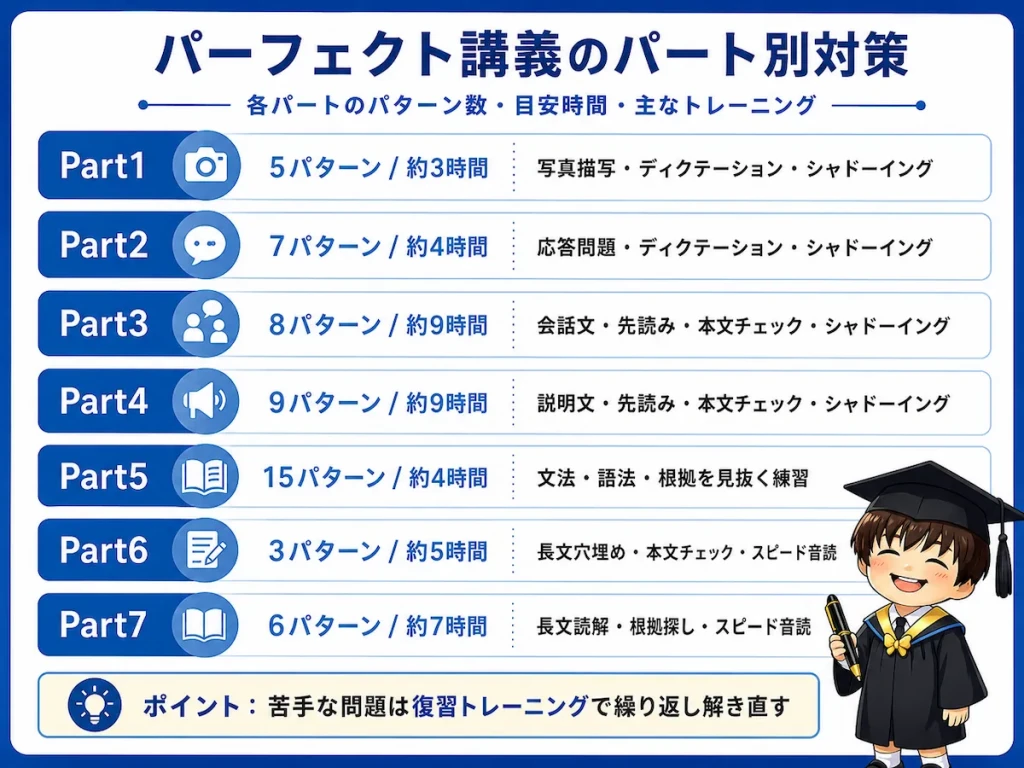 パーフェクト講義のパート別のパターン数と学習内容をまとめた図