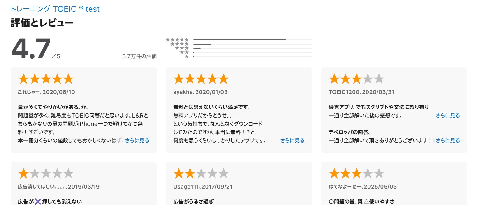 App Storeに寄せられたトレーニングTOEIC testのコメント例
