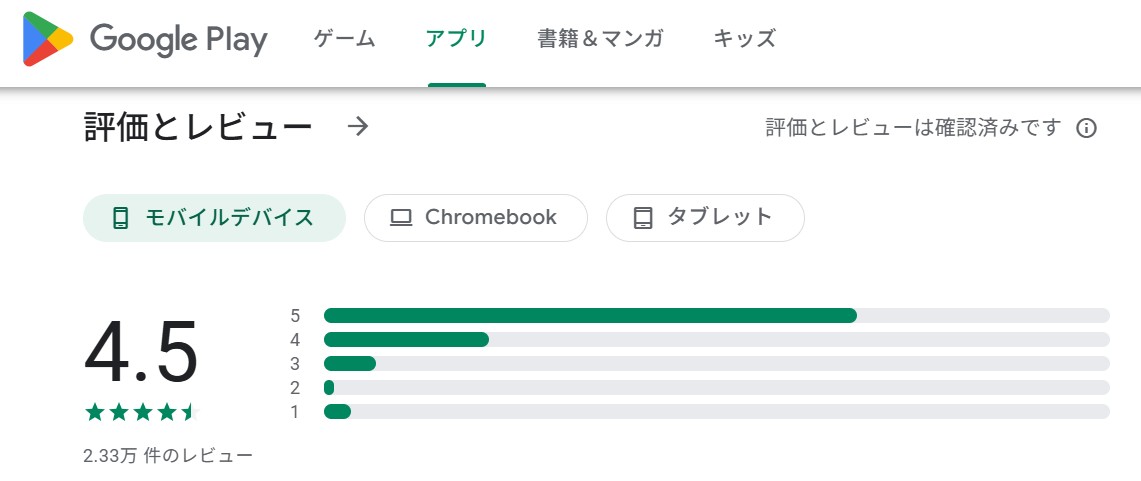 Google Playのmikanの評価（2025年6月16日調べ）