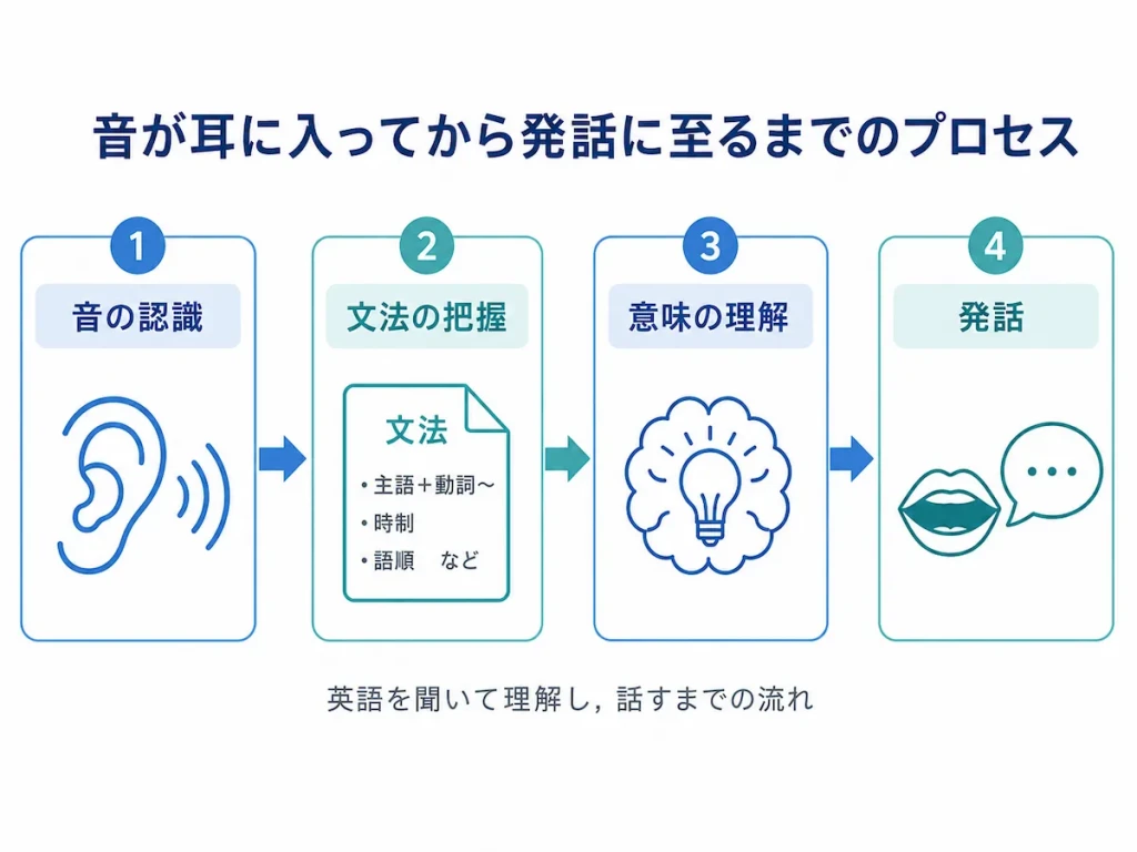 音の認識から文法の把握・意味の理解を経て発話に至るまでのプロセスを示したフローチャート