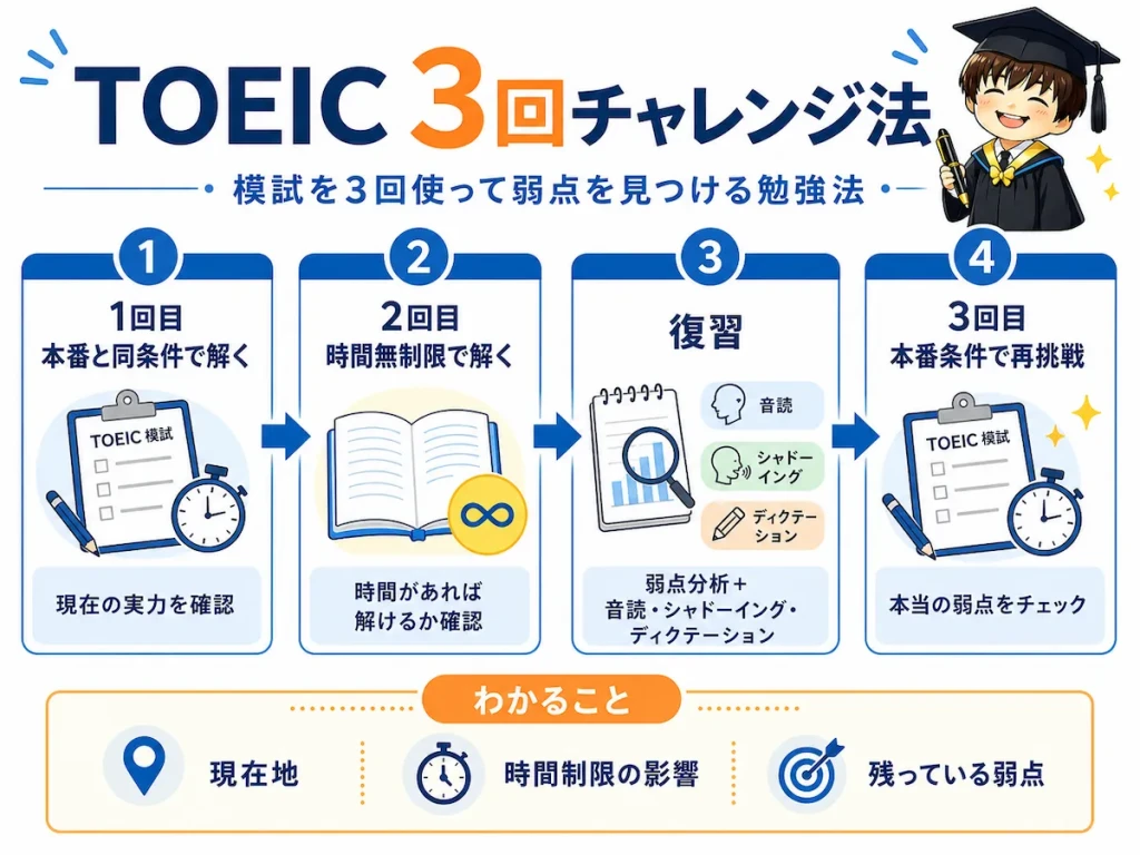 TOEICの3回チャレンジ法の手順と復習トレーニングをまとめた図解
