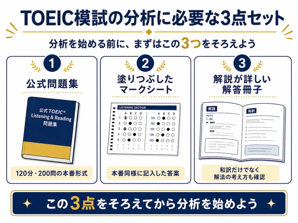 TOEIC L&R模試の分析に必要な問題集,マークシート,解答解説冊子の3点セット