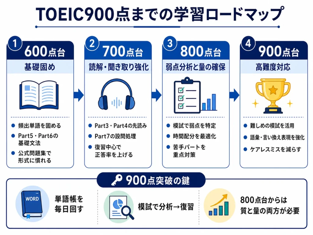 TOEIC900点までの学習ロードマップを示した図解