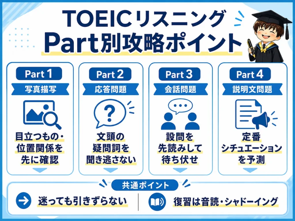 TOEICリスニングのPart1からPart4までの攻略ポイントをまとめた図解