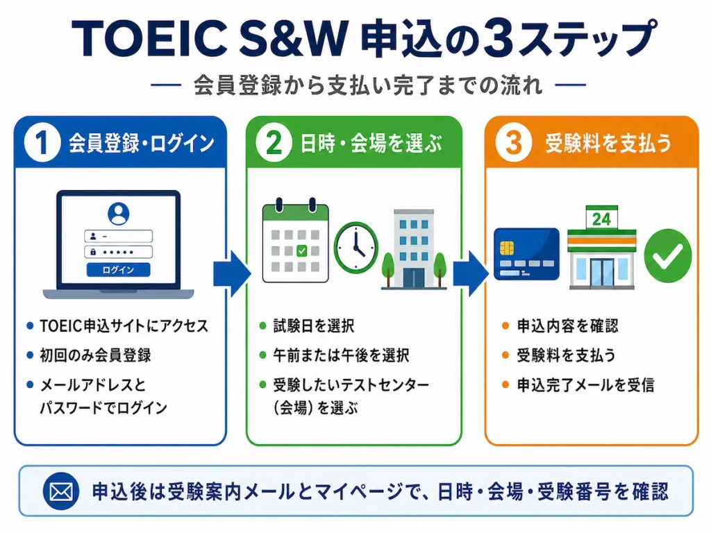 TOEIC S&Wの申し込み手順を会員登録,日時・会場選択,受験料支払いの3ステップで示した図解