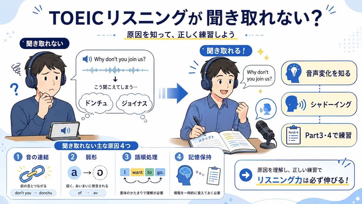 TOEICリスニングが聞き取れない原因と音声変化・シャドーイングの練習法を示した図解