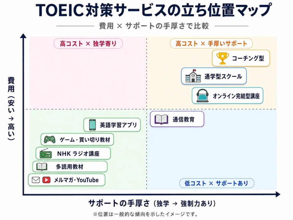 TOEIC対策サービスの費用とサポートの手厚さを比較した4象限マップ