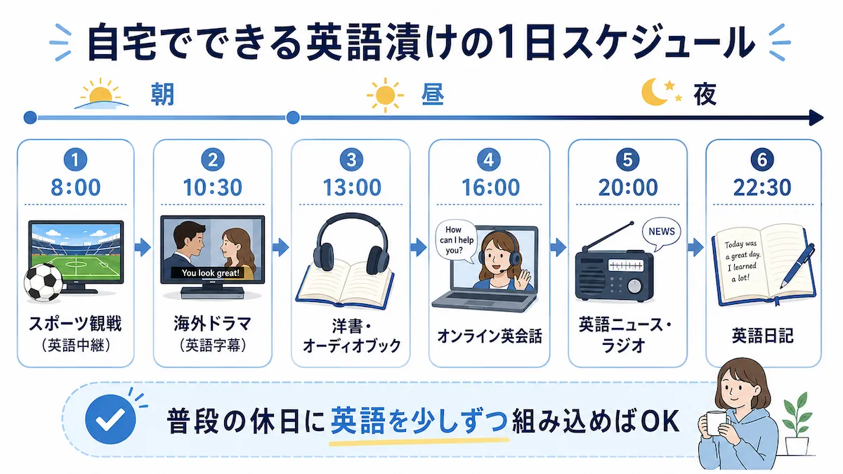 自宅でできる英語漬けの1日スケジュールを朝・昼・夜の流れで示した図