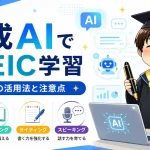 生成AIを使ったTOEIC学習法を，リスニング・リーディング・ライティング・スピーキングの4技能別に紹介するアイキャッチ画像